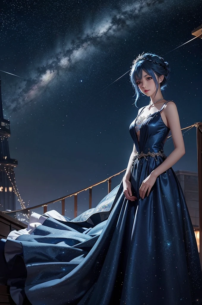 Blue haired girl character、Night scene with starry sky background、Wearing a gorgeous dress、Subtle details、A fantastic atmosphere、Anime style