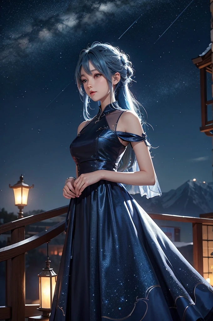 Blue haired girl character、Night scene with starry sky background、Wearing a gorgeous dress、Subtle details、A fantastic atmosphere、Anime style