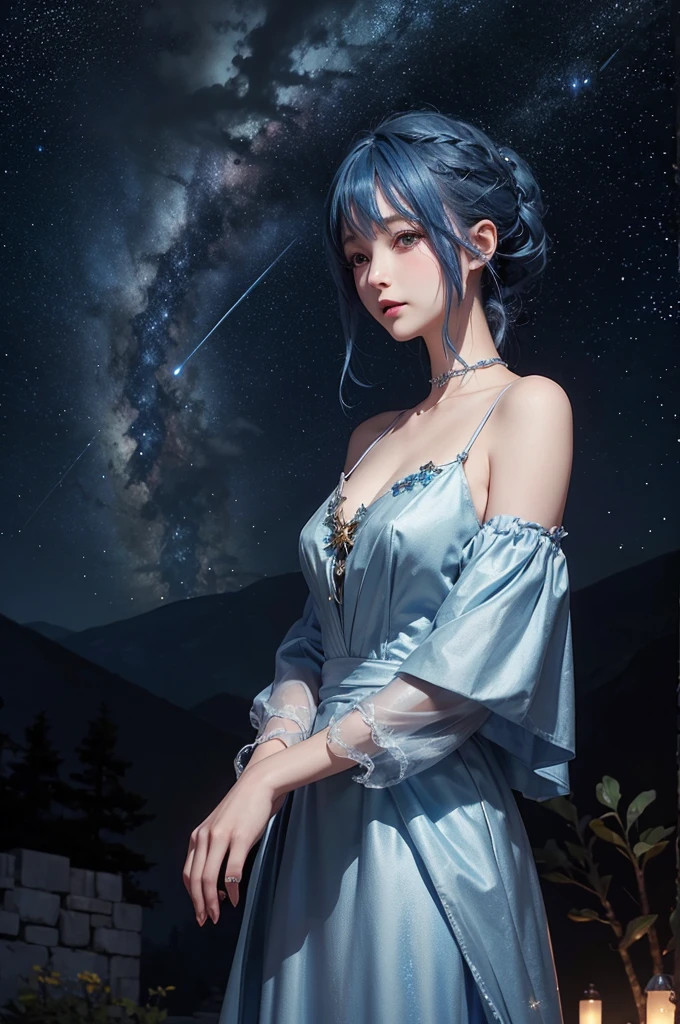 Blue haired girl character、Night scene with starry sky background、Wearing a gorgeous dress、Subtle details、A fantastic atmosphere、Anime style
