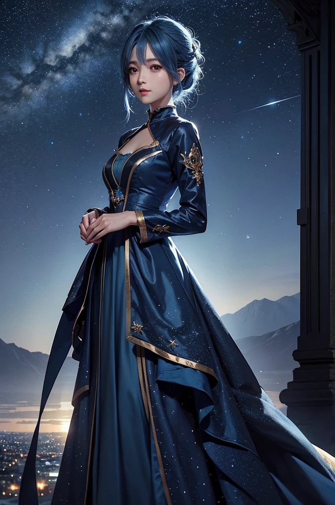 Blue haired girl character、Night scene with starry sky background、Wearing a gorgeous dress、Subtle details、A fantastic atmosphere、Anime style