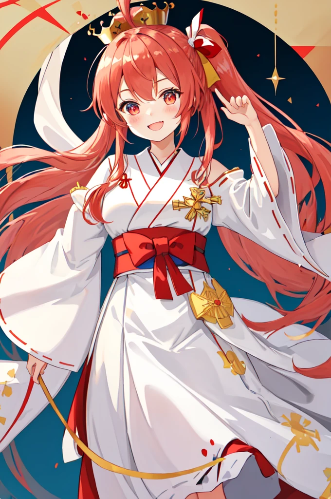 best quality, masterpiece, highres, solo, {white kimono:1.35}, {red hakama:1.35}, {wide sleeves:1.20}, {javelin_azurlane:1.15}, {{{red long hair}}}, hair_ornament, ribbon, twinytail, bangs, smile, hair_ribbon, blush, crown, hair_between_eyes, {{{red and gold eyes}}}, mini_crown, big breasts, open_mouth, red and gold eyes, detailed eyes