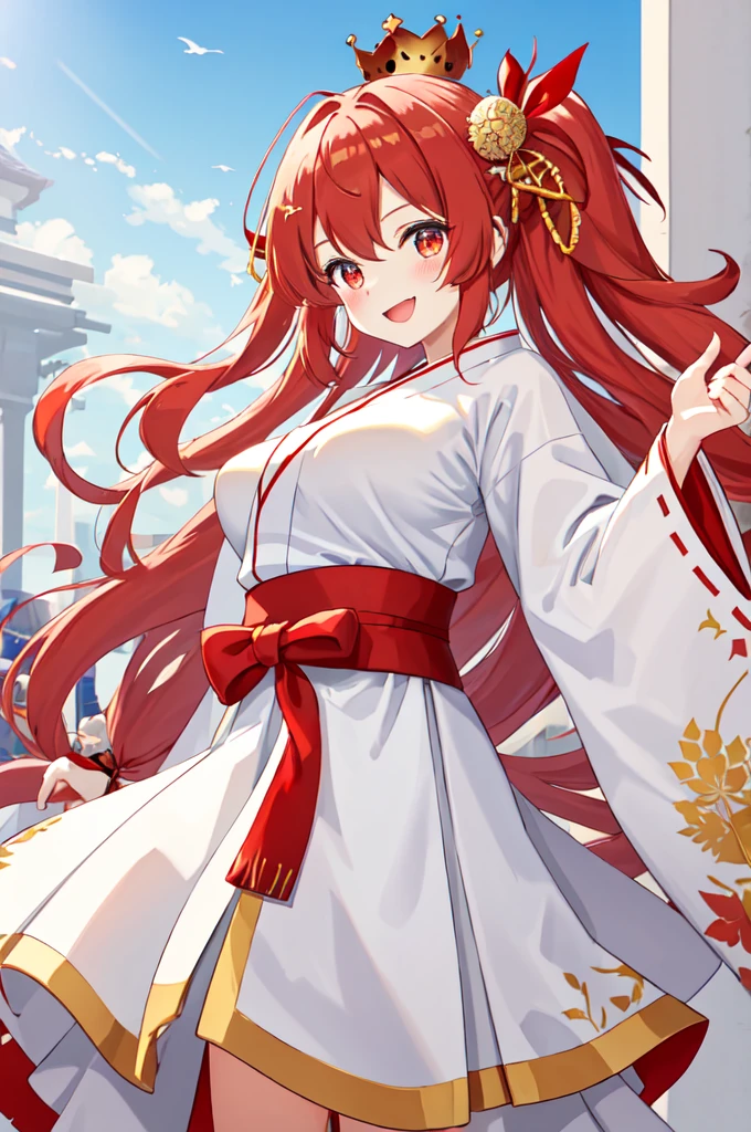 best quality, masterpiece, highres, solo, {white kimono:1.35}, {red hakama:1.35}, {wide sleeves:1.20}, {javelin_azurlane:1.15}, {{{red long hair}}}, hair_ornament, ribbon, twinytail, bangs, smile, hair_ribbon, blush, crown, hair_between_eyes, {{{red and gold eyes}}}, mini_crown, big breasts, open_mouth, red and gold eyes, detailed eyes