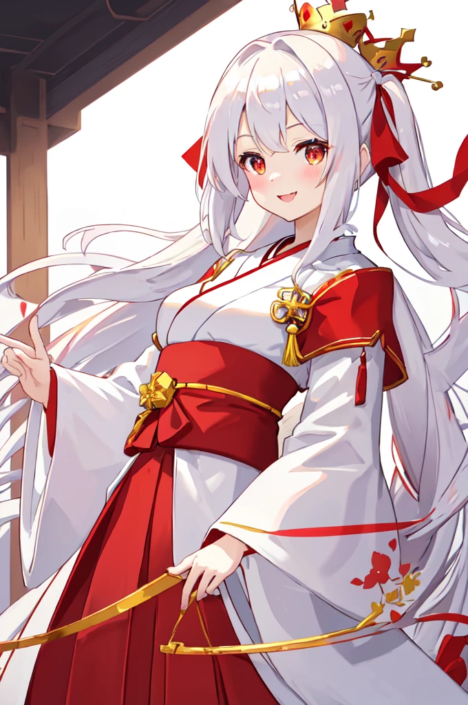 best quality, masterpiece, highres, solo, {white kimono:1.35}, {red hakama:1.35}, {wide sleeves:1.20}, {javelin_azurlane:1.15}, {{{red long hair}}}, hair_ornament, ribbon, twinytail, bangs, smile, hair_ribbon, blush, crown, hair_between_eyes, {{{red and gold eyes}}}, mini_crown, big breasts, open_mouth, red and gold eyes, detailed eyes