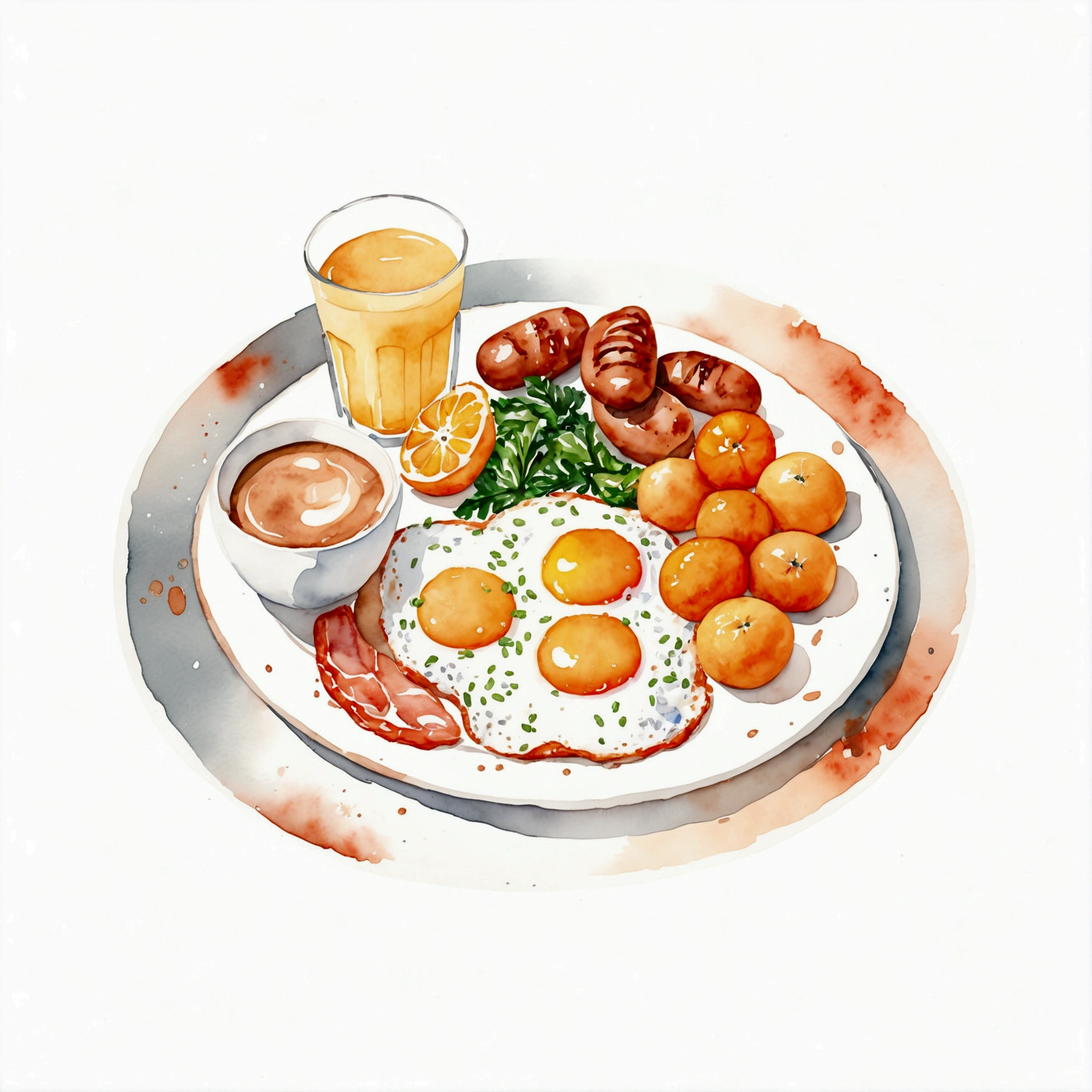 a very clean image painting of a full english breakfast menu, full dining set, ((watercolor)), solid white background, center composition, negative space around the object, washed out color, detailed masterpiece, loose drawing, clipart, vector art, illustration, a cup of (coffee), an orange juice,