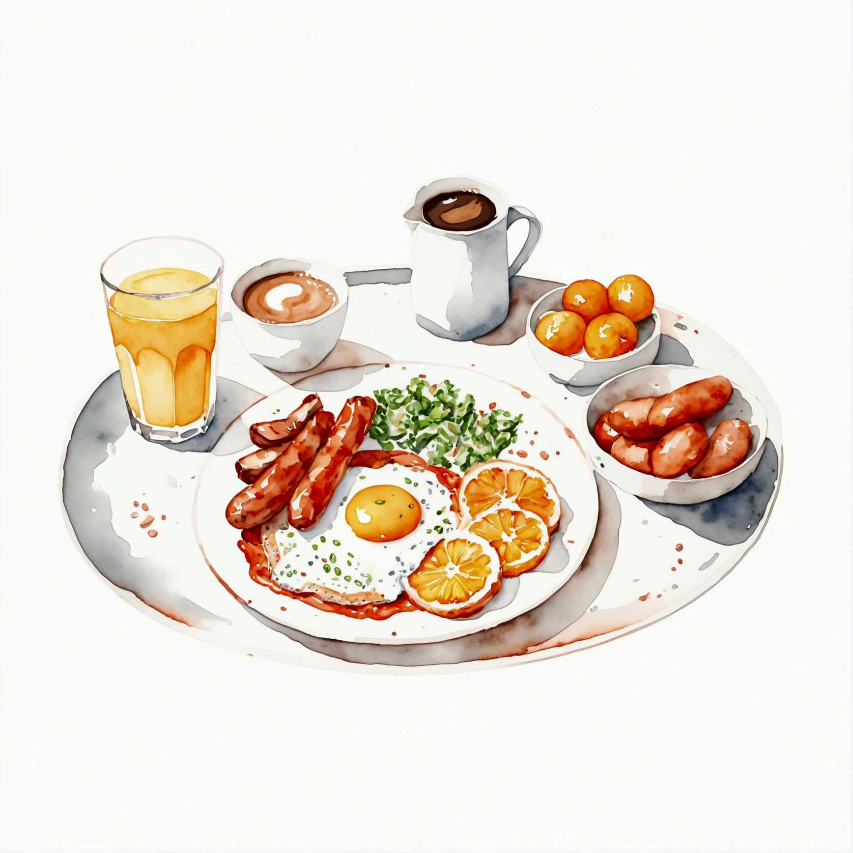 a very clean image painting of a full english breakfast menu, full dining set, ((watercolor)), solid white background, center composition, negative space around the object, washed out color, detailed masterpiece, loose drawing, clipart, vector art, illustration, a cup of (coffee), an orange juice,