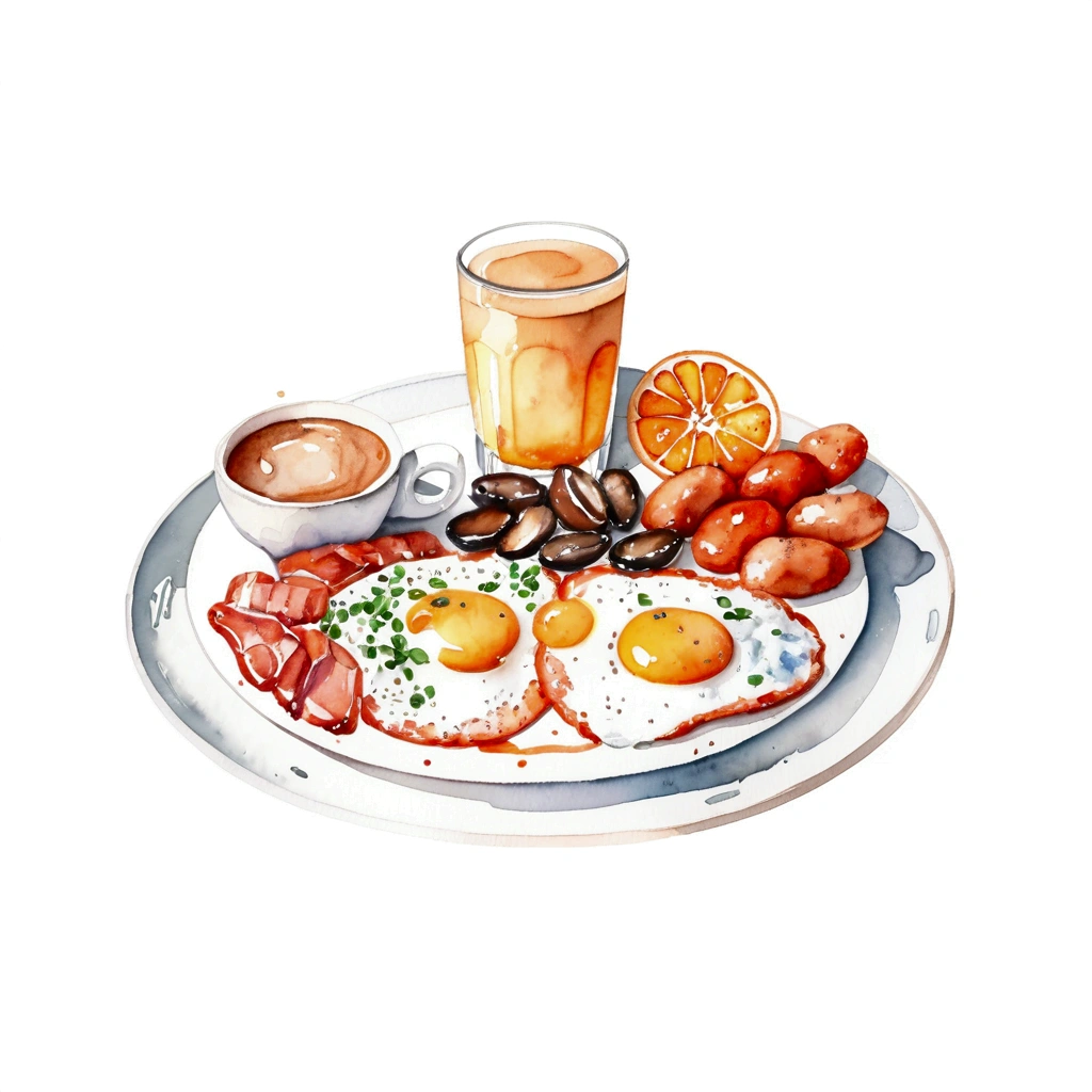 a very clean image painting of a full english breakfast menu, full dining set, ((watercolor)), solid white background, center composition, negative space around the object, washed out color, detailed masterpiece, loose drawing, clipart, vector art, illustration, a cup of (coffee), an orange juice,