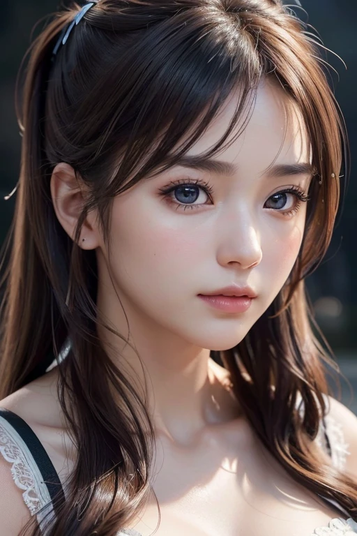 ((Highest quality)),(超High resolution),(Very detailed),(Detailed Description),((The best CG)),(masterpiece),Very detailedなアート、(Highest quality、8K、32k、masterpiece:1.2)、(Realistic)、(Realistic:1.2)、(High resolution)、Very detailed, (Close-up face:1.6), Very beautiful face and eyes, Big eyes, 1 female、Pale skin:1.4, Shine, Transparent muscles:1.2、((Ultra-Realistic Details))、Portraiture、All the characters are super realistic.:1.6、Global Illumination、Octane Rendering:1.2,　 The best beautiful girl,Very detailed, High resolutionのRAWカラー写真, Professional photography, Realistic portrait, Cinematic Light, With a small face、Pale Cheeks:1.1、(( With random expressions:1.4 ))、((Beautiful Eyes、Light enters the eyes:1.4、Staring at a lover、Adorable eyes:1.2 )) 、((Shiny Hair　Brown twin tails, 、Delicate texture、Voluminous Hair:1.1、Thick Hair:1.2 )),　Natural Makeup、Beautiful big ,(Big ample breasts:1.2)、Captivating beauty、Captivate what you see、Tight waist、Delicate body、(Highest quality、Attention to detail、)、(Oil paint:1.2)、Very detailed、(Realistic、Realistic:1.37)、Bright colors、(Deep neckline　Beautiful random color damask dress:1.4), (Front Focus), (Front Focus), (In the Dark:1.6),　Outdoor 、A spacious space with greenery and flower beds々and space々and::1.4、Garden 、wind　, From the side　、