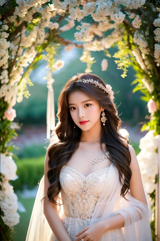 Generate an image of an extraordinarily beautiful 20-year-old Asian woman standing alone, whose beauty rivals that of a goddess of the fire element. She has large brown eyes, dark brown hair, glowing skin, and a captivating appearance. She is wearing a stunning white wedding dress that accentuates her elegance. The woman stands charmingly alone, her beauty appearing as if blessed by nature, in a very romantic and lovely aisle adorned with flowers and soft lighting, exuding a magical and serene atmosphere.