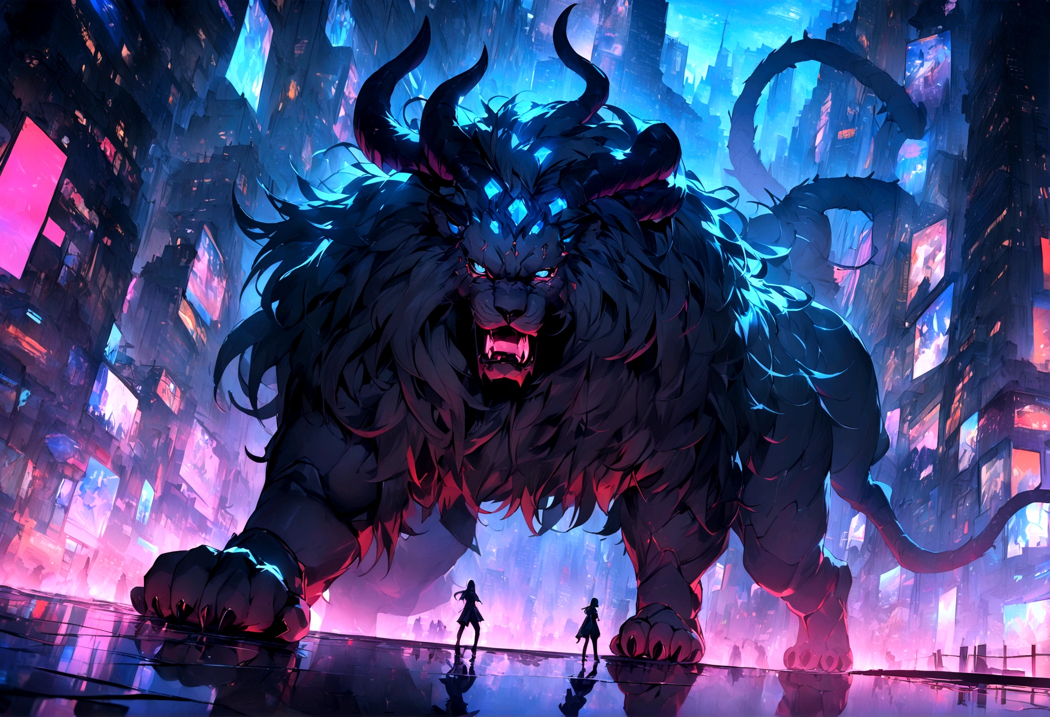 ((masterpiece, Highest quality, Best image quality, High resolution))Giant lion-faced demon、Devil's wings grow、Glowing blue eyes and advanced cybernetic enhancements. Seen in dynamic action poses, reflection on a smooth surface. The cityscape below is filled with towering skyscrapers., illuminated by colorful holographic advertisements, Shining with blue energy, Mighty power. The overall atmosphere is dark and mysterious., It had a futuristic techno vibe.. The lighting is dramatic, Intense highlights and deep shadows, Creates depth and tension.