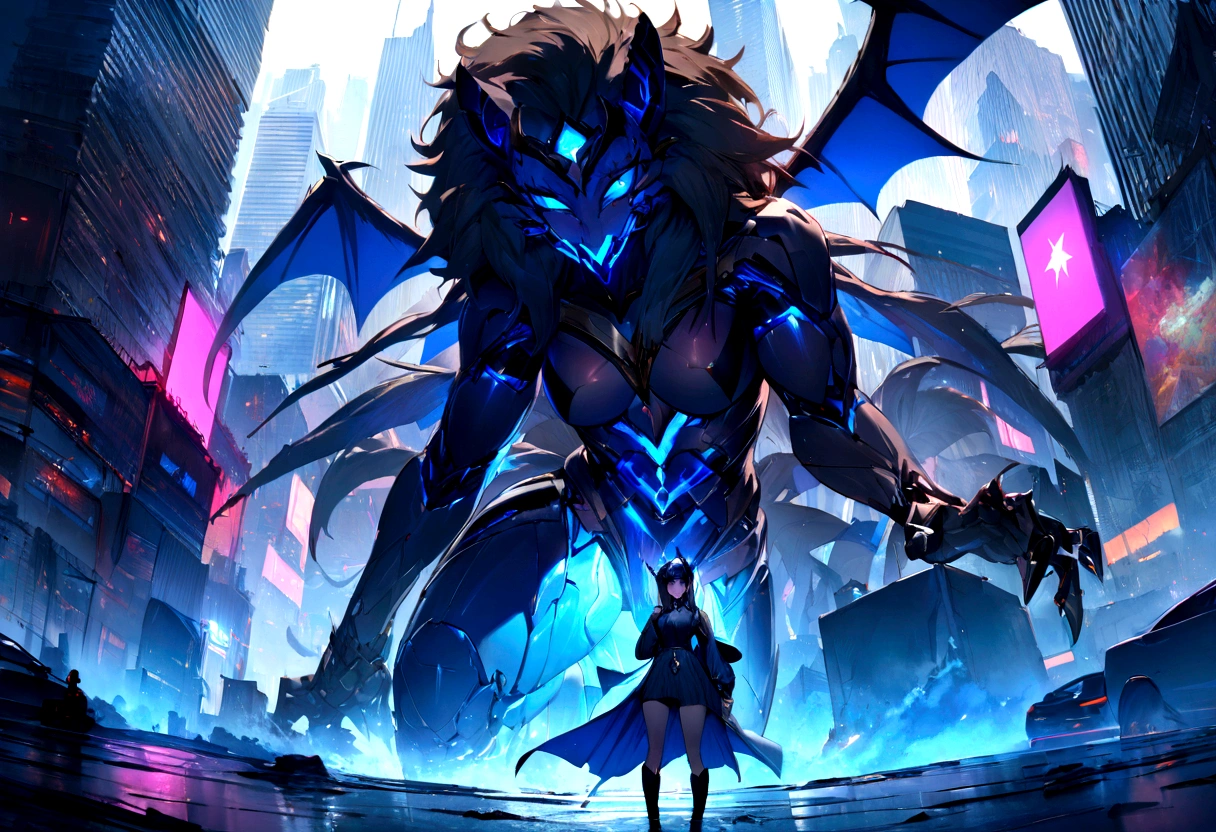 ((masterpiece, Highest quality, Best image quality, High resolution))Giant lion-faced demon、Devil's wings grow、Glowing blue eyes and advanced cybernetic enhancements. Seen in dynamic action poses, reflection on a smooth surface. The cityscape below is filled with towering skyscrapers., illuminated by colorful holographic advertisements, Shining with blue energy, Mighty power. The overall atmosphere is dark and mysterious., It had a futuristic techno vibe.. The lighting is dramatic, Intense highlights and deep shadows, Creates depth and tension.