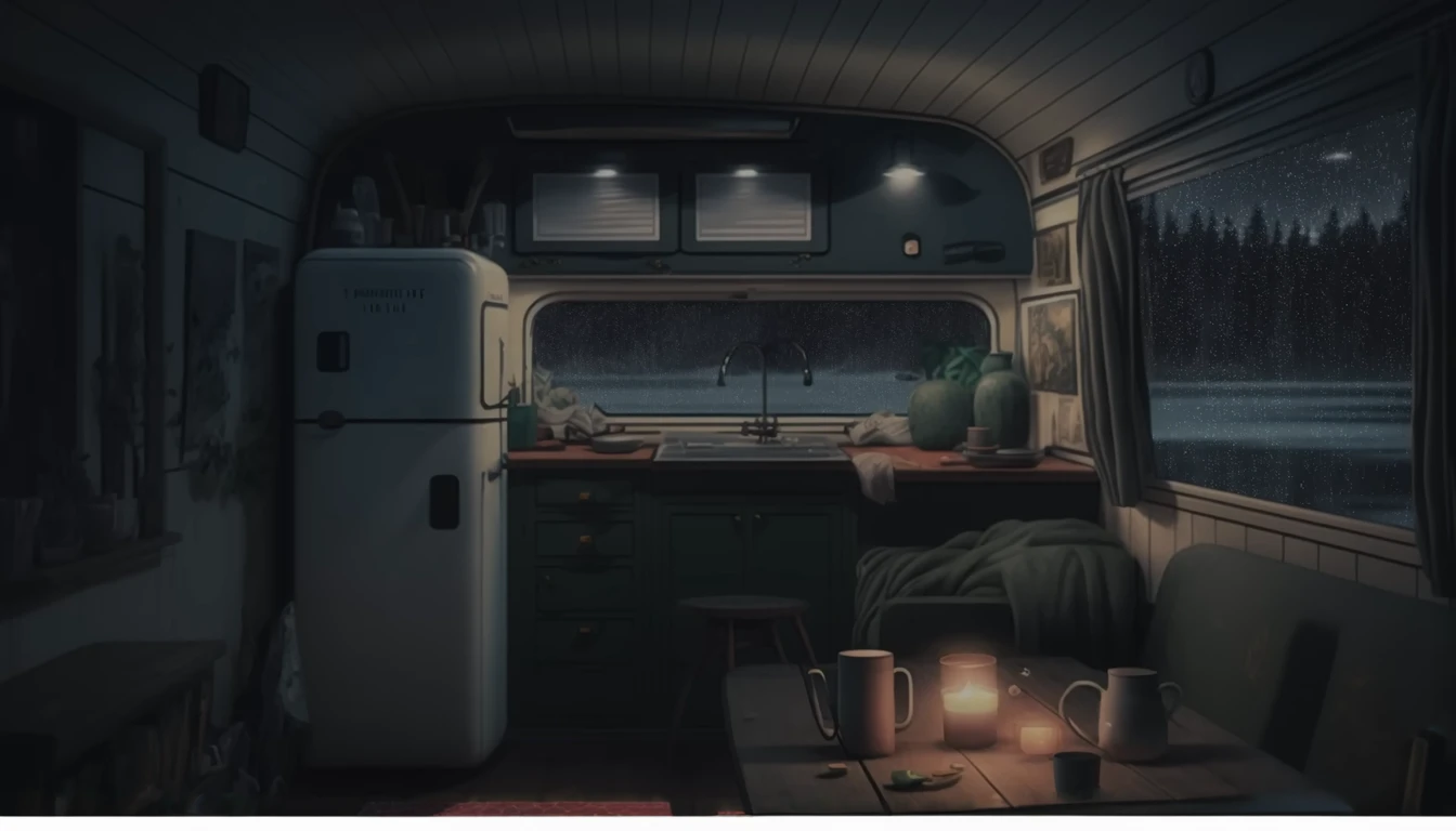 there is a small kitchen with a refrigerator and a table, interior background art, cozy wallpaper, lofi artstyle, background art, low detailed. digital painting, detailed lighting and textures, cozy home background, lo-fi illustration style, lofi art, immensely detailed scene, lofi aesthetic, detailed painting 4 k, 8k high quality detailed art, background artwork