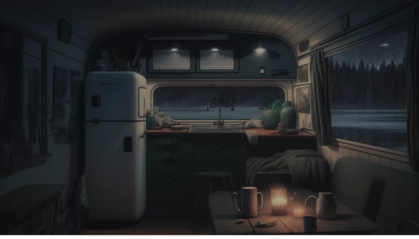 there is a small kitchen with a refrigerator and a table, interior background art, cozy wallpaper, lofi artstyle, background art, low detailed. digital painting, detailed lighting and textures, cozy home background, lo-fi illustration style, lofi art, immensely detailed scene, lofi aesthetic, detailed painting 4 k, 8k high quality detailed art, background artwork