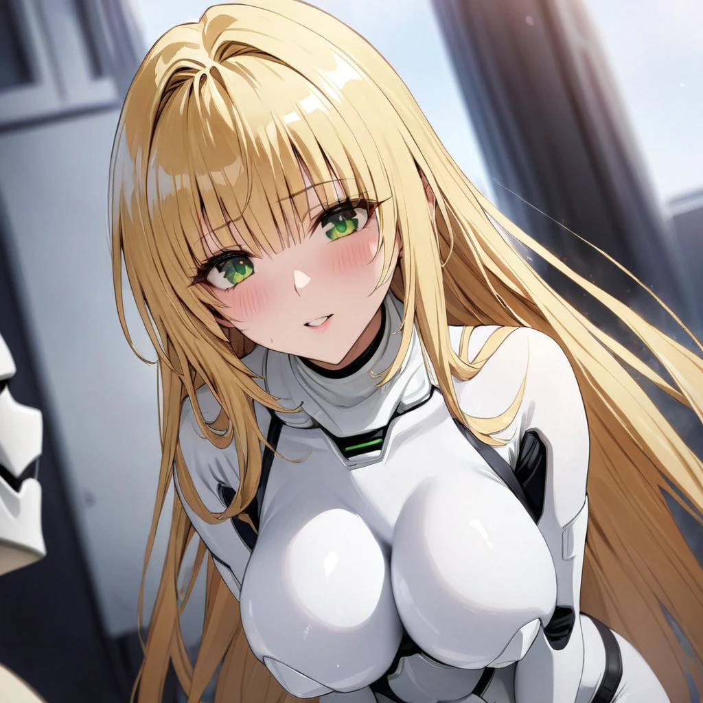 ((Highest quality)), ((masterpiece)), (detailed), (Perfect Face)、The woman is Tiare, with green eyes, medium-long blonde hair, a Stormtrooper bodysuit, and an engagement ring.