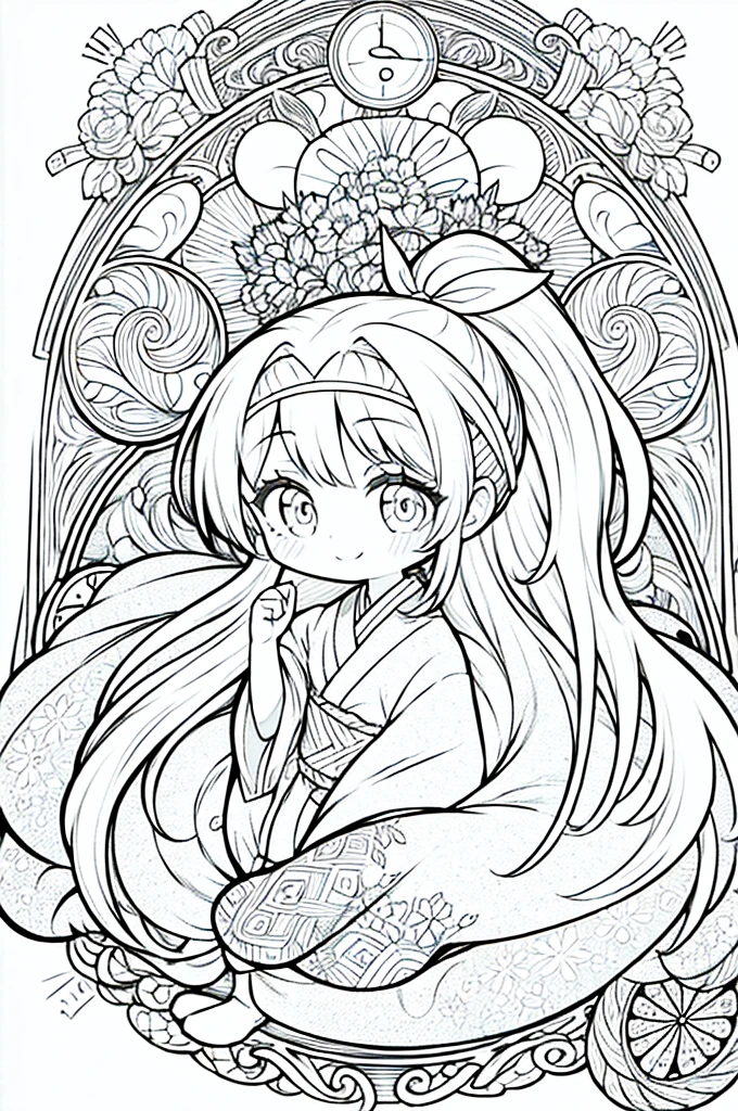 One girl, Create a baby chibi version of the Alice character in an 8K resolution, coloring pages, simplified zentangle, coloring book outline, black and white only, no outline, intricate designs, coloring book, celtic design, intricate lines, no gradients, Chibi, best quality, paper doll, shadow puppet, stained glass background, clockpunk, Andersen,A girl with a ponytail is wearing a kimono with a crane pattern, practicing kendo in a dojo, and wearing a headband as a hair accessory, It's sunny, Detailed eyes, clear outlines, kawaii pose, A smile, Raise your right hand, Eye Up, Laugh, radiant light, Taken from the side. She should look adorable and cute. Give him a smiling expression and a sweet smile on his face, capturing the essence of the character in a delicate and charming way.