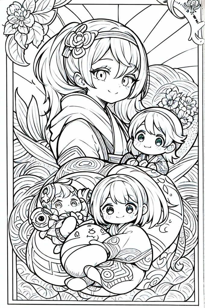 One girl, Create a chibi version of the Alice character in an 8K resolution, coloring pages, simplified zentangle, coloring book outline, black and white only, no outline, intricate designs, coloring book, celtic design, intricate lines, no gradients, Chibi, best quality, paper doll, shadow puppet, stained glass background, clockpunk, Andersen,A girl with a ponytail is wearing a kimono with a crane pattern, practicing kendo in a dojo, and wearing a headband as a hair accessory, It's sunny, Detailed eyes, clear outlines, kawaii pose, A smile, Raise your right hand, Eye Up, Laugh, radiant light, Taken from the side. She should look adorable and cute. Give him a smiling expression and a sweet smile on his face, capturing the essence of the character in a delicate and charming way.