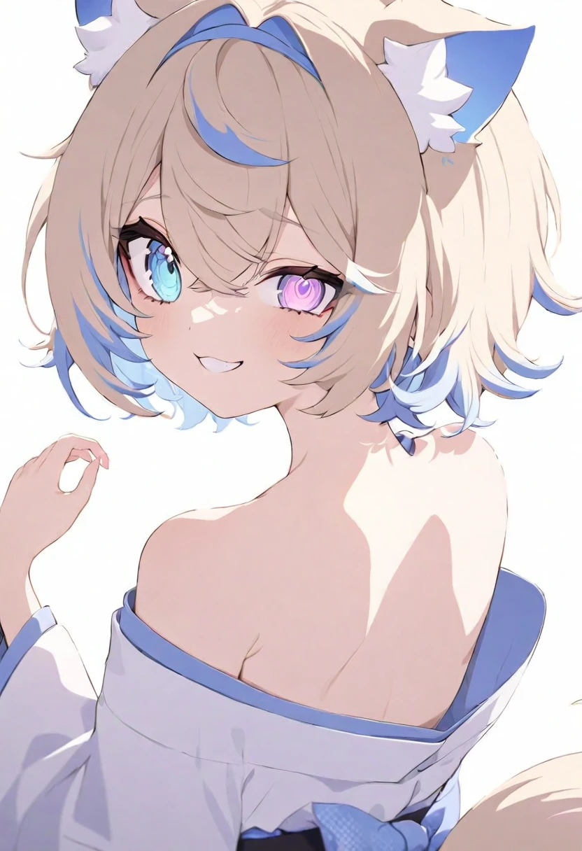(muste piece), (best quality), very detailed eyes, expressive eyes, perfect face, very detailed face, highly detailed face, beautiful girl, 8K, beautiful girl, white background, delicate and beautiful face and eyes, dark intense shadow, 1 girl, vtuber style, cool girl, hololive, Mococo Abyssgard, short hair, dog ears, dog tail, ligth blue eyes, kimono, small chest, clavicle, one eye close winking, smile, (whole body), standing, from back, looking back, sunrsing,