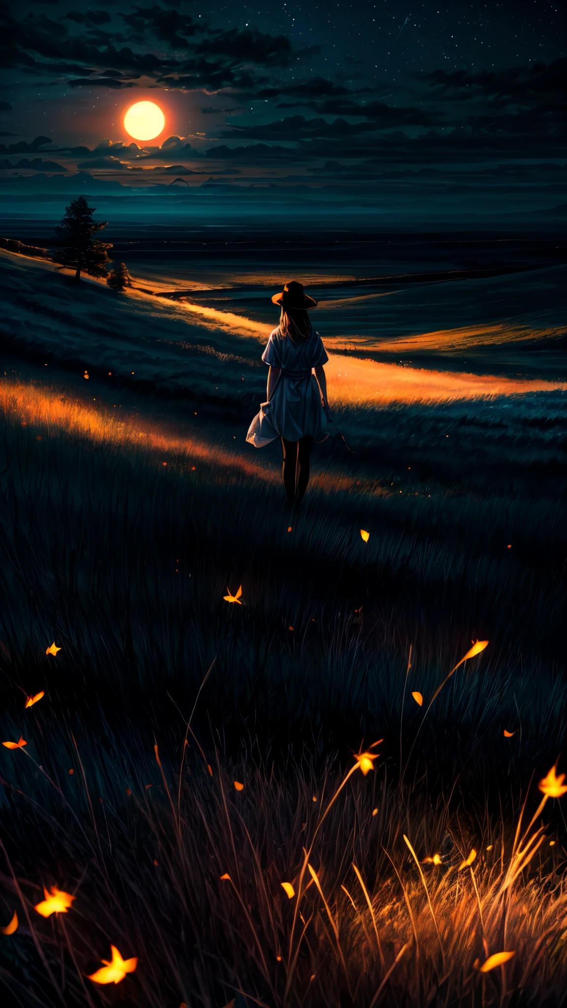 A manga landscape, (best quality,4k,8k,highres,masterpiece:1.2),ultra-detailed,(realistic,photorealistic,photo-realistic:1.37),magnificent scene,Japanese animation,manga style,meadow in the middle of the night,thousands of luminous fireflies,magnificent landscape,girl seen from behind,girl with a hat,girl seen from very far away,overview,outline of a girl in the middle of a meadow,dramatic lighting,moody atmosphere,serene night sky,vibrant colors