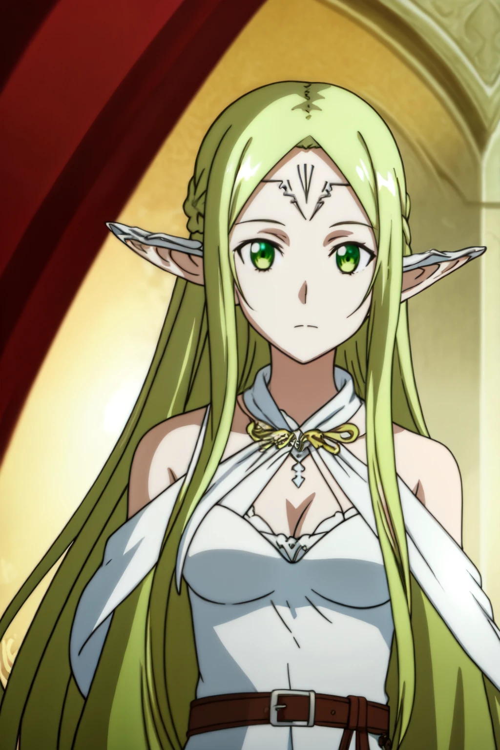 Masterpiece, beat quality, ((anime art style)), elf Girl, light green hair, pointed ears, jade eye, (NPC_freyja), big chest, white clothes with gold details, white wand in hand, skin as white as powdery snow. His disguise had long flowing, deep brown-gold/tea-gold hair and pupils of the same colour. The disguise also had a beautiful face that was sublimed with western European beauty, and she wore a white dress