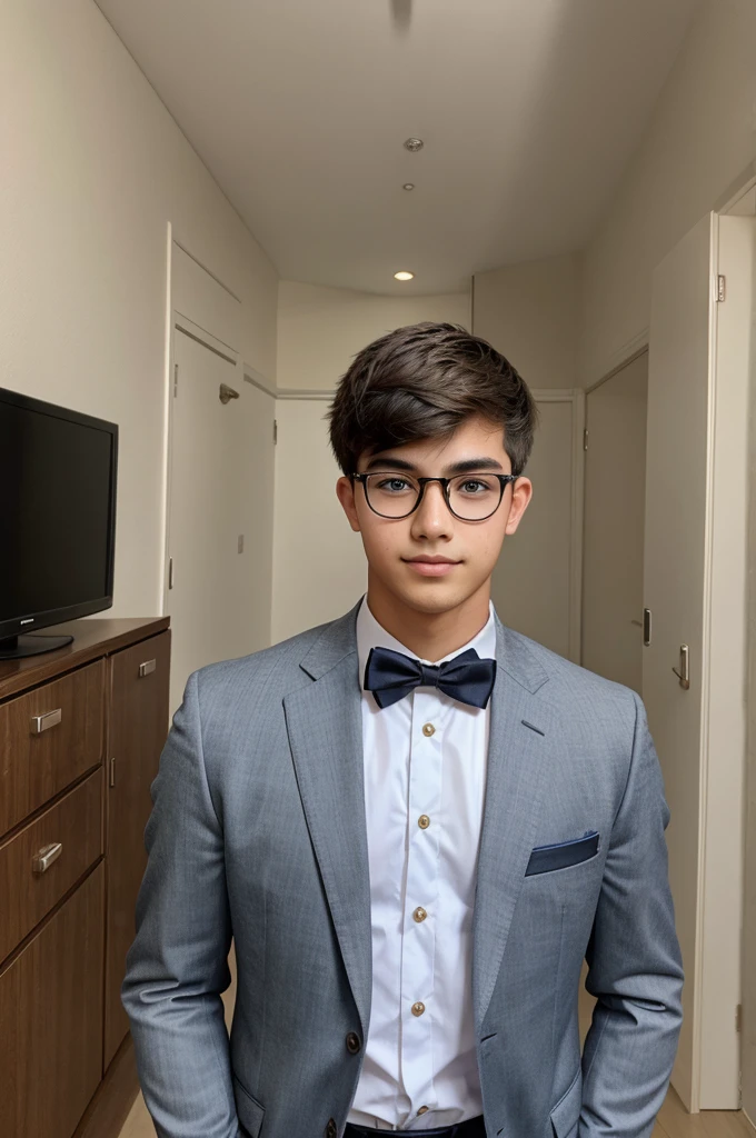 18 year old boy with fair skin wearing spectacle narrow body posing for LinkedIn picture in formals
