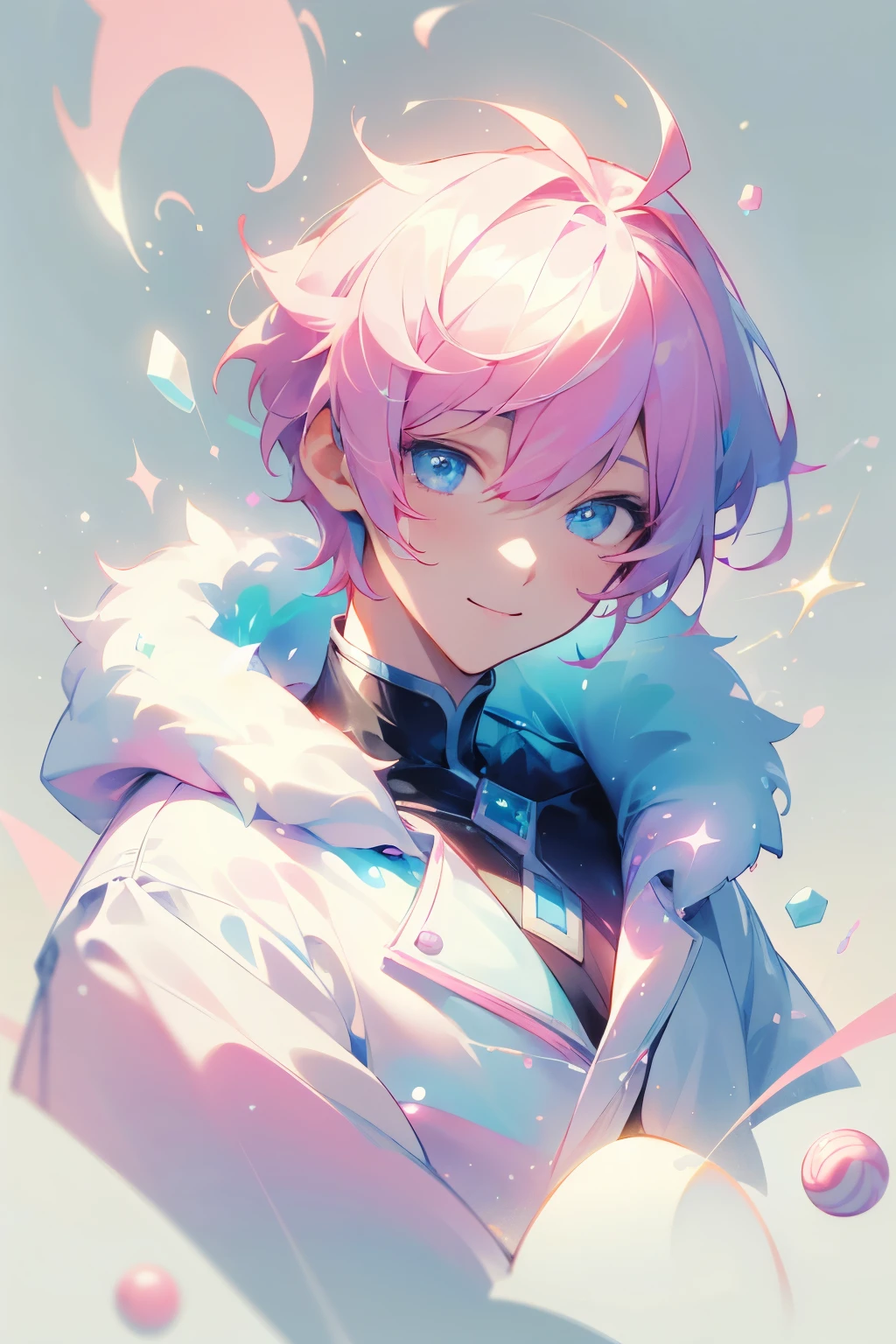 Masterpiece, highres, best quality, solo, 1 male, short hair, pink hair, blue eyes, white coat, smile facial, pastels, candy