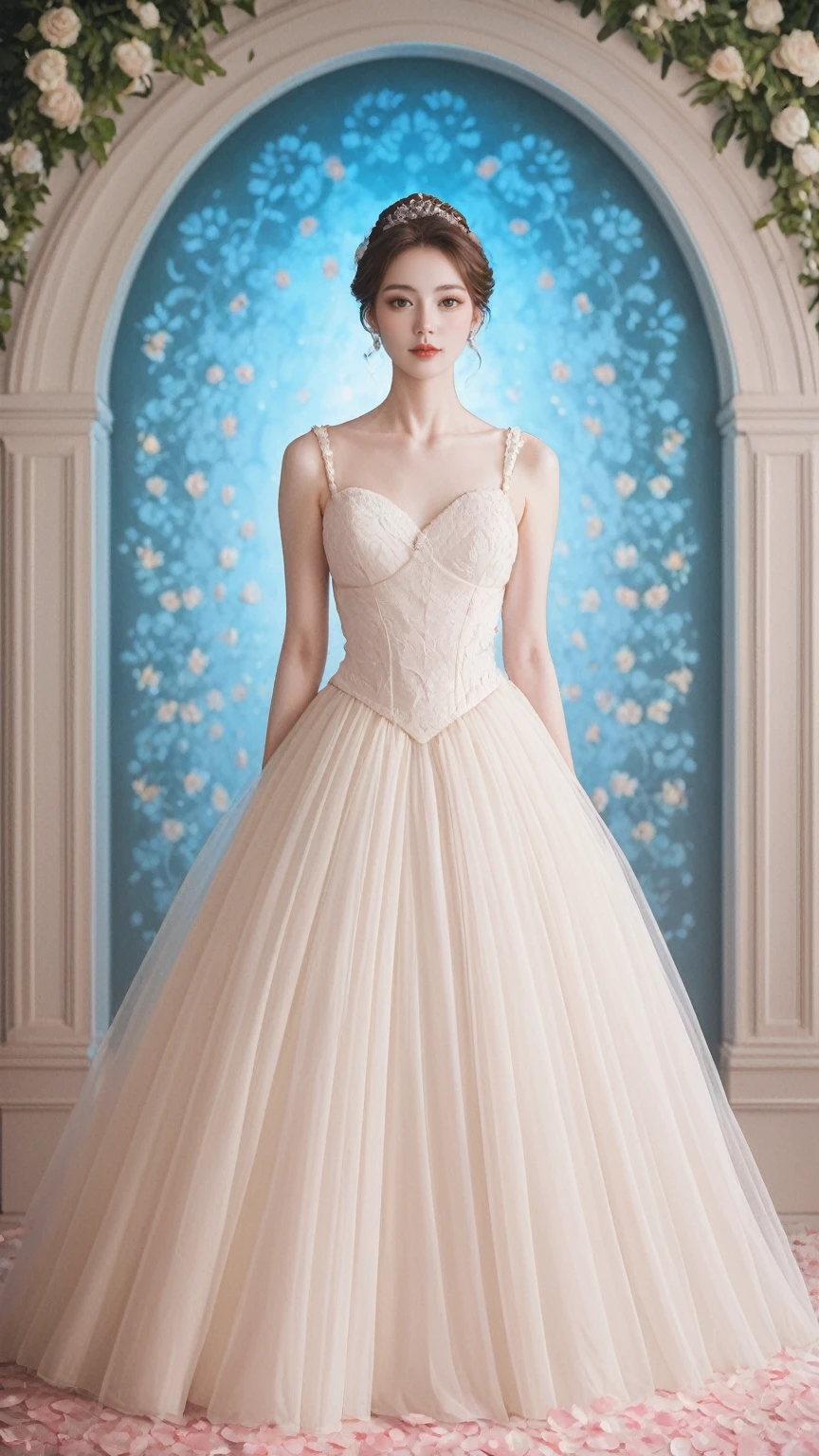 realistic,score_9, score_8_up, score_7_up, 
 bridal attire,1 girl, luxurious white dress, floral background, elegant, upscale, large flower petals, voluminous skirt, monochromatic palette, soft lighting, subtle makeup, romantic, dreamy atmosphere, detailed gown texture, soft-focus background, ethereal quality, fashion photography