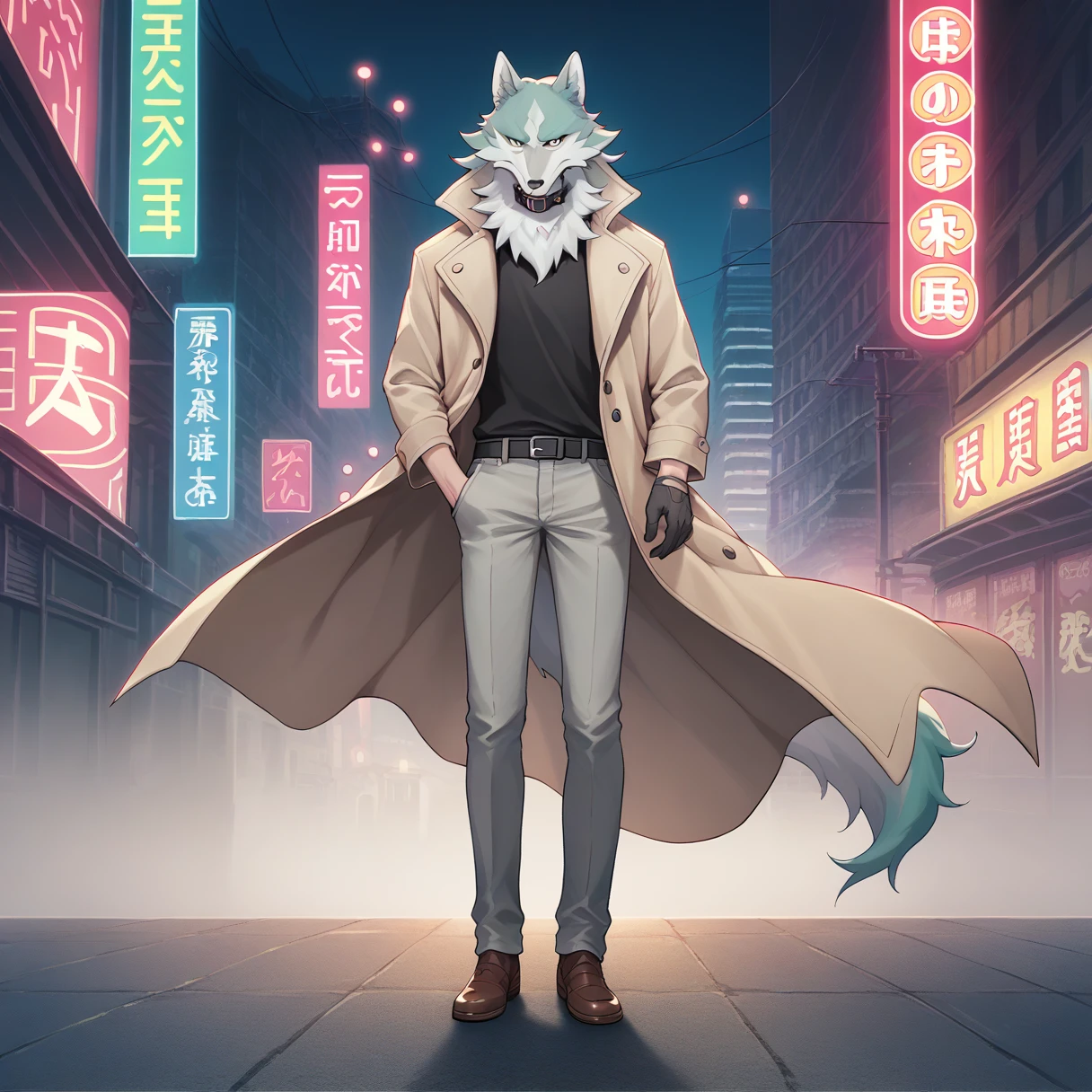 score_9, score_8_superior, score_7_superior, Ogami Shiro, Wolf personification, trench coat, Black Shirt, collar, gloves, Grey Pants, Brown shoes, 建物の屋superiorに立つ, 屋superior, Detailed Background, Neon Light, city