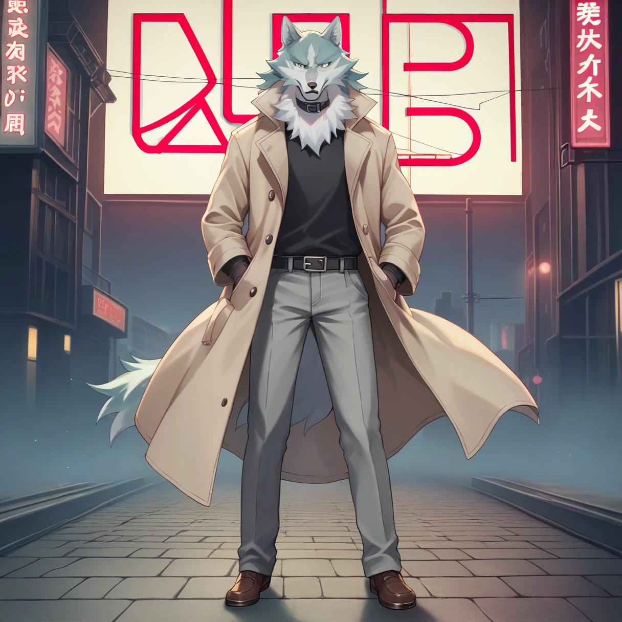 score_9, score_8_superior, score_7_superior, Ogami Shiro, Wolf personification, trench coat, Black Shirt, collar, gloves, Grey Pants, Brown shoes, 建物の屋superiorに立つ, 屋superior, Detailed Background, Neon Light, city