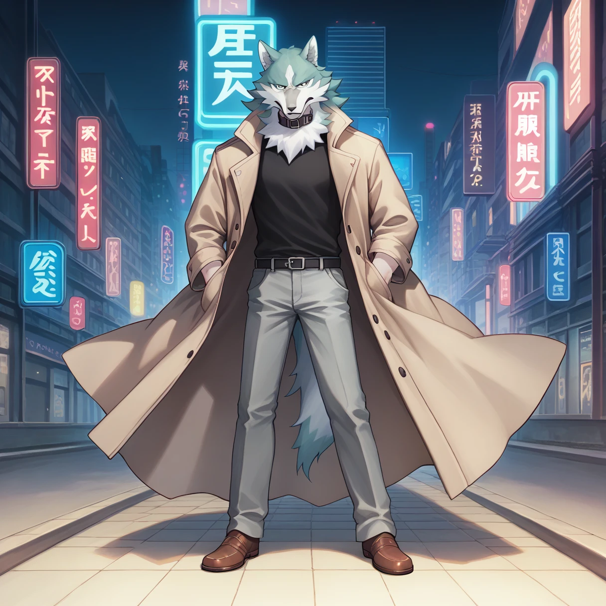score_9, score_8_superior, score_7_superior, Ogami Shiro, Wolf personification, trench coat, Black Shirt, collar, gloves, Grey Pants, Brown shoes, 建物の屋superiorに立つ, 屋superior, Detailed Background, Neon Light, city