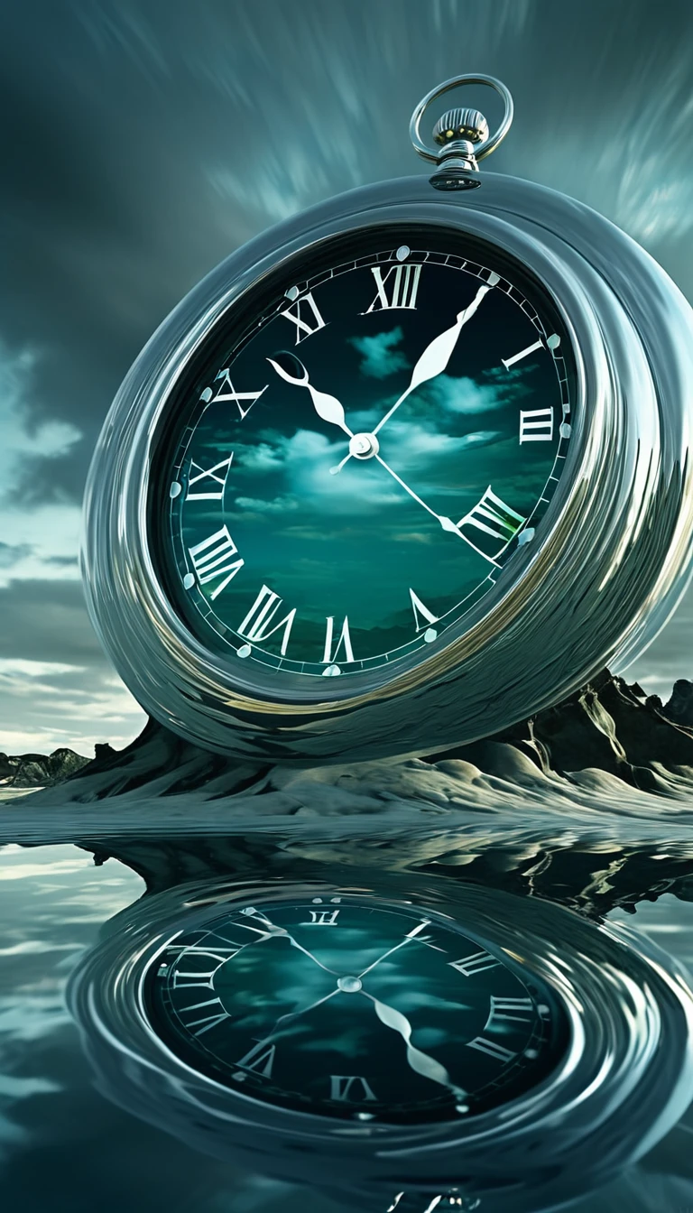 in a surreal dream landscape, The clock melts and distorts, Reflecting the fluidity of time itself.