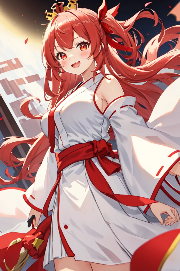 best quality, masterpiece, highres, solo, {white kimono:1.35}, {red hakama:1.35}, {wide sleeves:1.20}, {javelin_azurlane:1.15}, {{{ruby red long hair}}}, hair_ornament, ribbon, twinytail, bangs, smile, hair_ribbon, blush, crown, hair_between_eyes, {{{red and gold eyes}}}, mini_crown, big breasts, open_mouth, red and gold eyes, detailed eyes