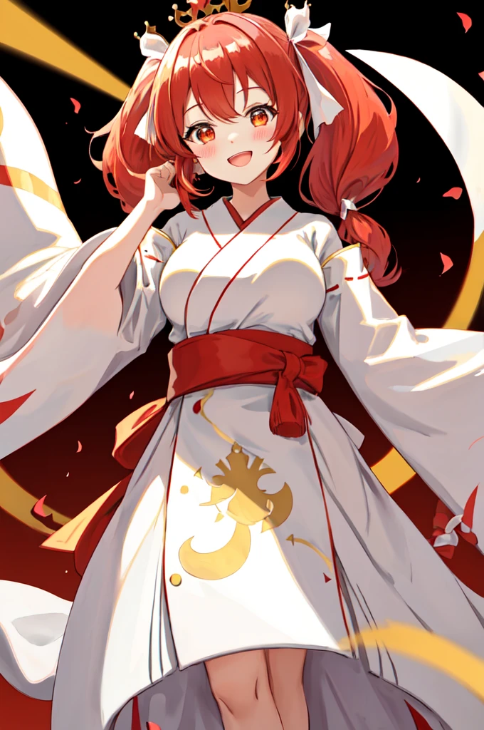 best quality, masterpiece, highres, solo, {white kimono:1.35}, {red hakama:1.35}, {wide sleeves:1.20}, {javelin_azurlane:1.15}, {{{ruby red long hair}}}, hair_ornament, ribbon, twinytail, bangs, smile, hair_ribbon, blush, crown, hair_between_eyes, {{{red and gold eyes}}}, mini_crown, big breasts, open_mouth, red and gold eyes, detailed eyes