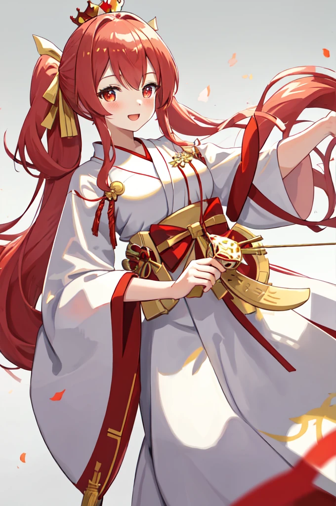 best quality, masterpiece, highres, solo, {white kimono:1.35}, {red hakama:1.35}, {wide sleeves:1.20}, {javelin_azurlane:1.15}, {{{ruby red long hair}}}, hair_ornament, ribbon, twinytail, bangs, smile, hair_ribbon, blush, crown, hair_between_eyes, {{{red and gold eyes}}}, mini_crown, big breasts, open_mouth, red and gold eyes, detailed eyes