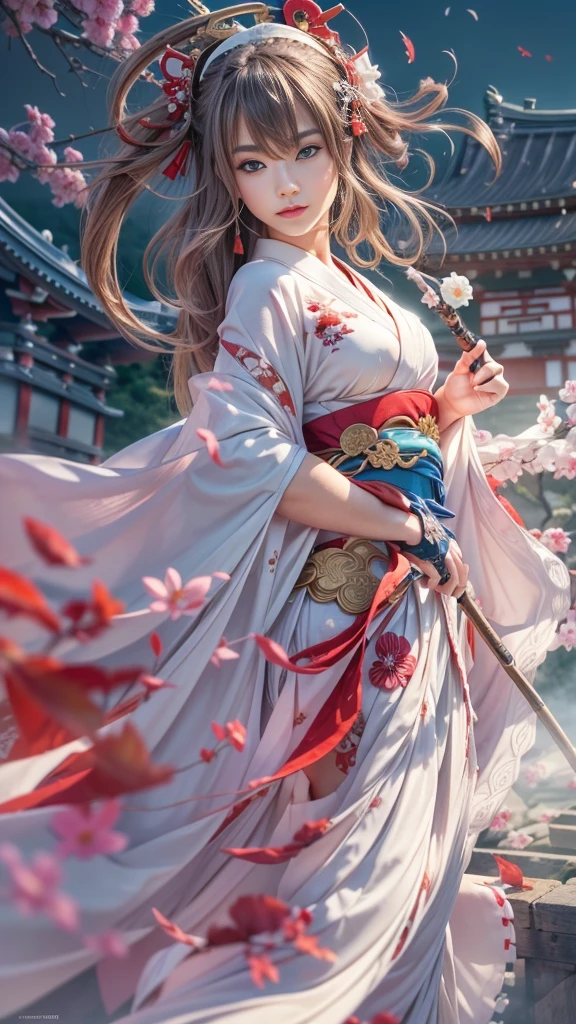 (32k:1.5, Highest quality, masterpiece, Ultra-high resolution), Perfect dynamic composition, Professional camera work:1.6, Enchantingな肖像画:1.3, Cinematic Light, Very detailedな肌と顔の質感:1.3, Very accurate, Very detailed, (Ride the Red Dragon:1.3, Holding a walking stick), (mysteriousな:1.2, Great background:1.2, tradition:1.2, Belligerent:1.2, Majestic:1.2), Adult female, Graceful Goddess, Incredibly slim body, Fair skin, (smile:0.9, Totally captivates you:1.0), (Fractal Art:1.0, Japanese Shrine Maiden Costume:1.3), Ample breasts, Sensual sitting position:0.6, Calm pose, (Beautiful Blue Eyes, Beautiful erotic eyes:0.8, Feel the beautiful eroticism:0.9), (romantic, dramatic, mysterious), Object of admiration, Artistic, Innovative, Enchanting, sense of openness, sense of cleanliness, Heartful, Fancy, exciting, Extreme, ((Adult charm, Feminine charm, Hair blowing in the wind))