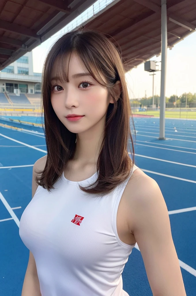 (8k, RAW photo, top quality, masterpiece: 1.2), (realistic, photorealistic: 1.37), ultra detail, ultra high resolution, one girl, beholder, beautiful detailed face, smile, constriction, (slim waist): 1.3), beautiful detailed skin, skin texture, floating hair, professional lighting, Japanese beautiful girl, long hair, bob cut, beautiful hair, 20 years old, attractive breasts, (huge breasts:1.2), beautiful shape breasts, full body from toes to head, standing, Shift gaze away, gaze into the distance, natural color hair, color inner hair, (track and field wear:1.4)