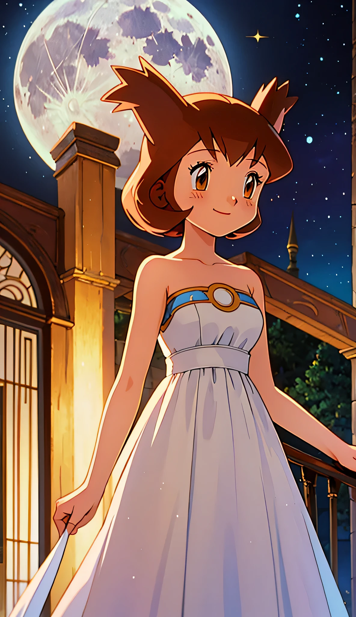 masterpiece, best quality, ultra-detailed, illustration, beautiful detailed eyes, very detailed illustration, cinematic lighting, 1 girl, solo, Pokemon Heroes (Bianca), Brown Hair, brown eyes, 1 girl, solo, princess serenity’s white maxi dress, full moon, mansion, anime screencap, high quality, light smile, standing, Looking at viewers
