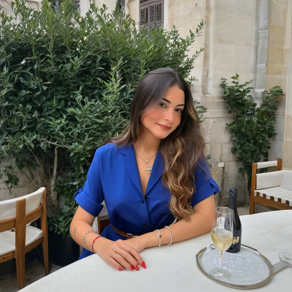 'une femme séduisante dans un décor luxueux. La femme a une silhouette élancée et porte une robe élégante et moulante de couleur bleu royal avec des détails sophistiqués. Ses cheveux sont longs, ondulés et brun foncé, tombant librement sur ses épaules. Elle porte un maquillage glamour avec un rouge à lèvres rouge et un eye-liner prononcé. La femme pose de manière confiante, une main sur la hanche et l'autre tenant une coupe de champagne, avec un sourire mystérieux sur son visage. Le décor est une terrasse d'un restaurant chic en soirée, avec une vue imprenable sur une ville illuminée en arrière-plan. Il y a des lumières scintillantes et des plantes décoratives autour, créant une ambiance élégante et festive. À proximité, une table basse est décorée avec des bougies allumées et des fleurs élégantes, ajoutant une touche de romantisme. La palette de couleurs est sophistiquée et élégante, dominée par des tons bleus, dorés et argentés, avec une ambiance générale de luxe, d'élégance et de sophistication.