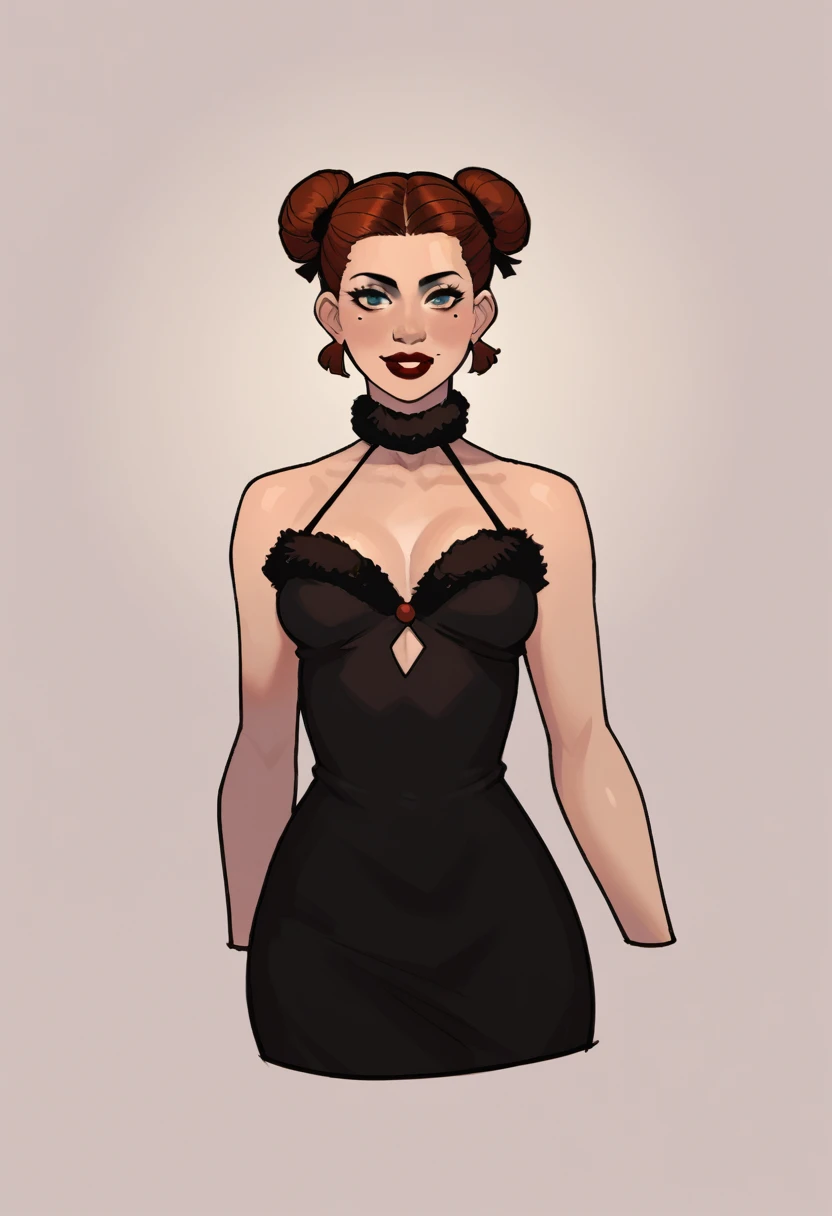 score_9, score_8_up, score_7_up, score_6_up BREAK 1girl,solo, slim, pale skin tone, beauty mark, dark red lipstick, regal dressing, fur trimmed black dress, dark background, bun hairstyle 