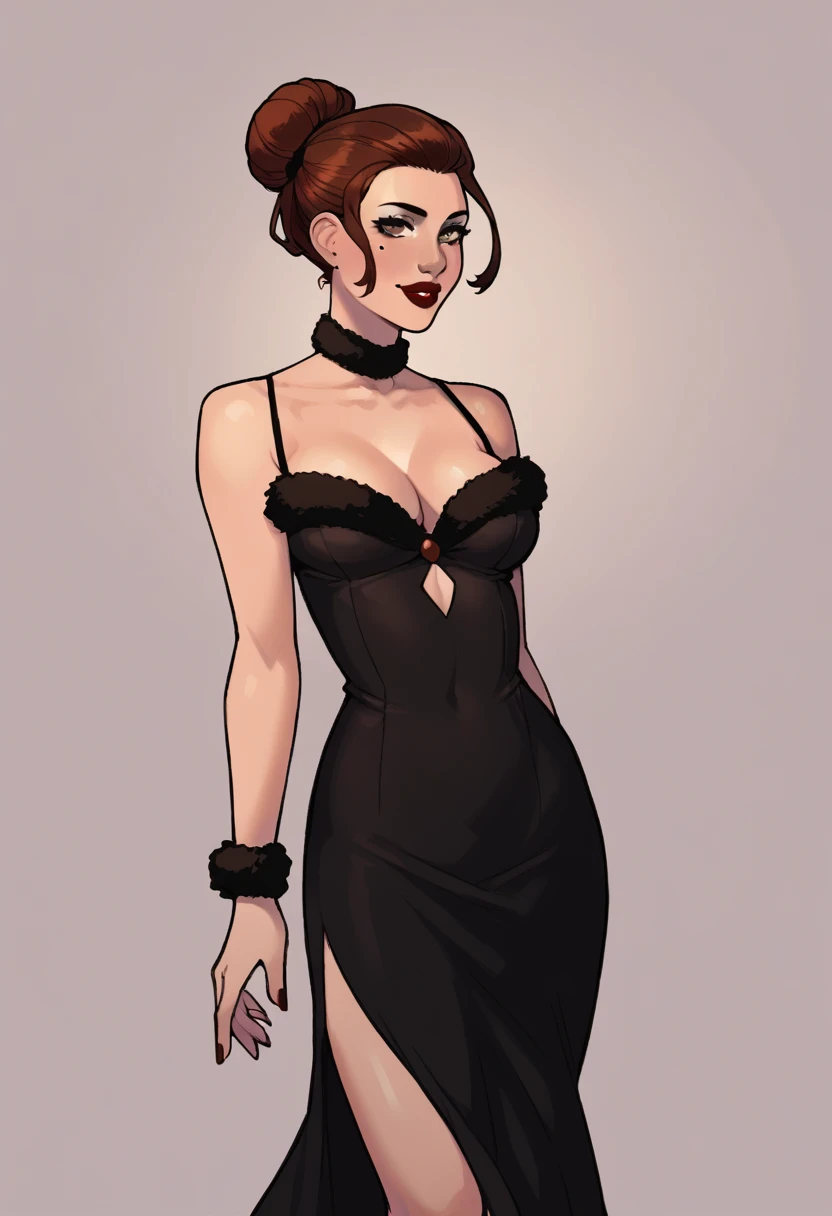 score_9, score_8_up, score_7_up, score_6_up BREAK 1girl,solo, slim, pale skin tone, beauty mark, dark red lipstick, regal dressing, fur trimmed black dress, dark background, bun hairstyle