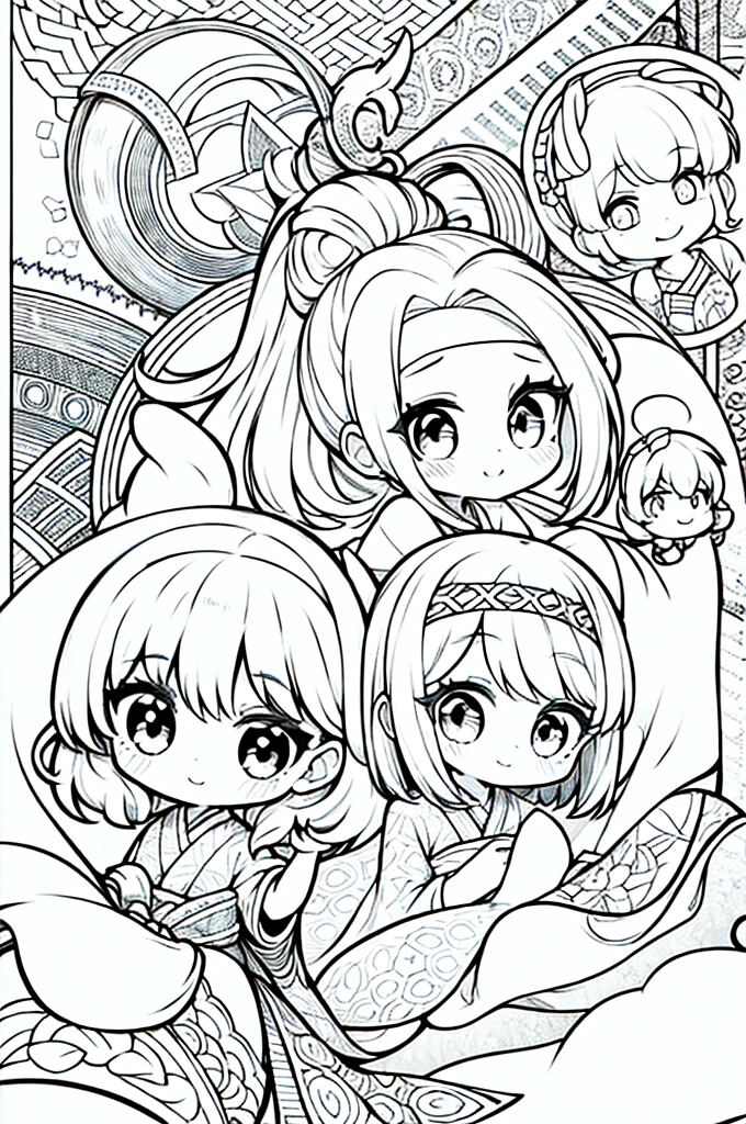 One girl, Create a baby chibi version of the Alice character in an 8K resolution, coloring pages, simplified zentangle, coloring book outline, black and white only, no outline, intricate designs, coloring book, celtic design, intricate lines, no gradients, Chibi, best quality, paper doll, shadow puppet, stained glass background, clockpunk, Andersen,A girl with a ponytail is wearing a kimono with a crane pattern, practicing kendo in a dojo, and wearing a headband as a hair accessory, It's sunny, Detailed eyes, clear outlines, kawaii pose, A smile, Raise your right hand, Eye Up, Laugh, radiant light, Taken from the side. She should look adorable and cute. Give him a smiling expression and a sweet smile on his face, capturing the essence of the character in a delicate and charming way.