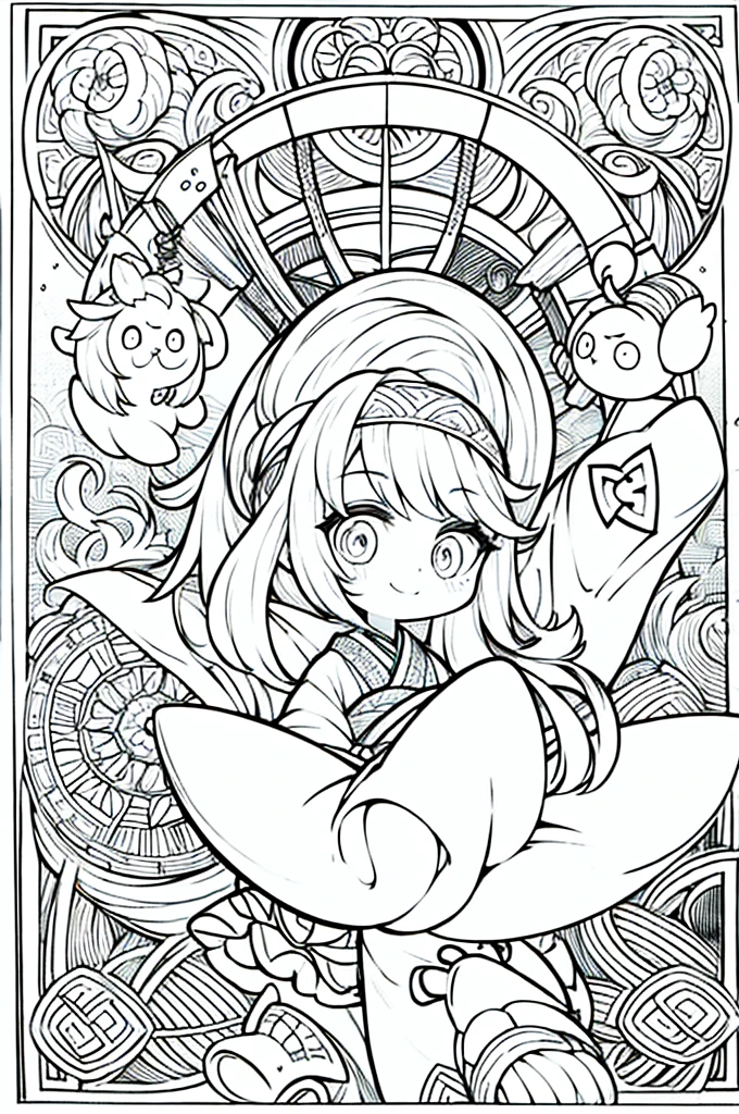 One girl, Create a baby chibi version of the Alice character in an 8K resolution, coloring pages, simplified zentangle, coloring book outline, black and white only, no outline, intricate designs, coloring book, celtic design, intricate lines, no gradients, Chibi, best quality, paper doll, shadow puppet, stained glass background, clockpunk, Andersen,A girl with a ponytail is wearing a kimono with a crane pattern, practicing kendo in a dojo, and wearing a headband as a hair accessory, It's sunny, Detailed eyes, clear outlines, kawaii pose, A smile, Raise your right hand, Eye Up, Laugh, radiant light, Taken from the side. She should look adorable and cute. Give him a smiling expression and a sweet smile on his face, capturing the essence of the character in a delicate and charming way.