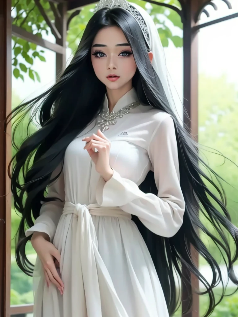 riz, blue eyes, beautiful detailed eyes, long flowing hair, elegant dress, soft natural lighting, vibrant colors, dream-like atmosphere, misty surroundings, serene expression, whimsical elements, (magical, ethereal:1.2)