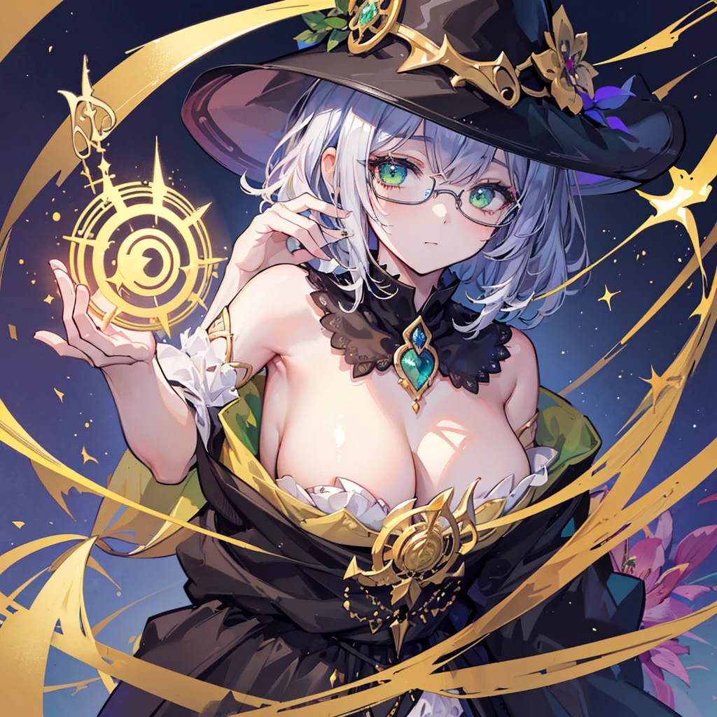 ((🧙♀️)), (black hat),{{{{Masterpiece}}}}, {{{Very detailed}}}, {{{High resolution}}}, {{Excellent anatomy}}, (((Top quality))), ((( very delicate and beautiful)), {{very detailed and delicate}}, {{illustration}},Happy magic, magic effects, magic circles, gradations,glowify,1girl, jewelry, 8k, beautiful, darkness, shining brightly, scare, flower,OuterWorldAI,chest,short hair,curly hair, narrow eyes,gold hair, green eyes, skin,beautiful breast, glasses