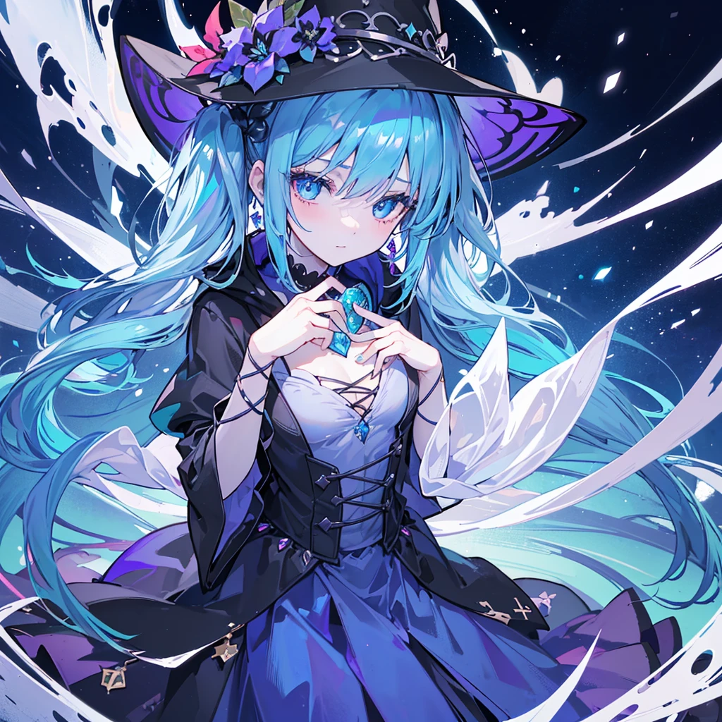 ((🧙‍♀️)), (black hat),{{{{Masterpiece}}}}, {{{Very detailed}}}, {{{High resolution}}}, {{Excellent anatomy}}, (((Top quality))), ((( very delicate and beautiful)), {{very detailed and delicate}}, {{illustration}},Happy magic, magic effects, magic circles, gradations,glowify,1girl, jewelry, 8k, beautiful, darkness, shining brightly, scare, flower,OuterWorldAI,chest,blue hair,short twintails,middle hair,sky blue eyes,
