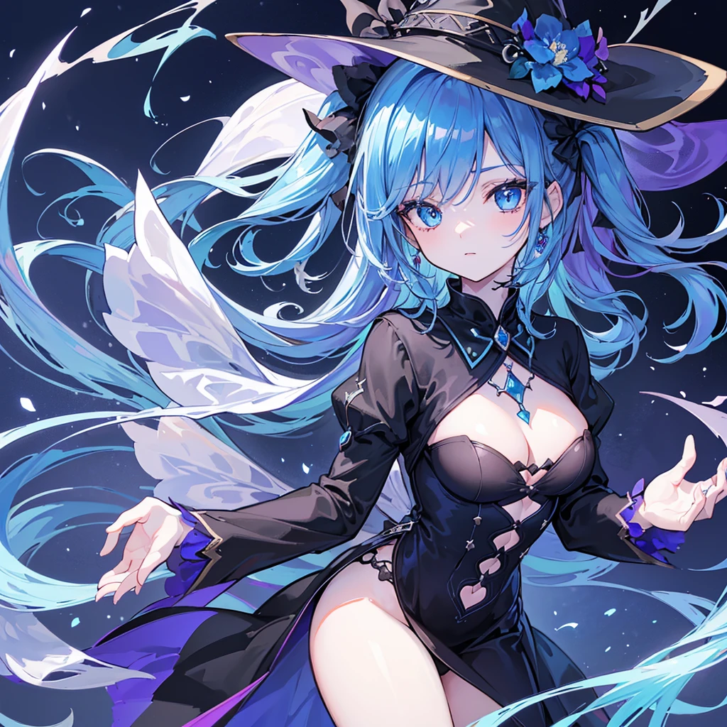 ((🧙♀️)), (black hat),{{{{Masterpiece}}}}, {{{Very detailed}}}, {{{High resolution}}}, {{Excellent anatomy}}, (((Top quality))), ((( very delicate and beautiful)), {{very detailed and delicate}}, {{illustration}},Happy magic, magic effects, magic circles, gradations,glowify,1girl, jewelry, 8k, beautiful, darkness, shining brightly, scare, flower,OuterWorldAI,chest,blue hair,short twintails,middle hair,sky blue eyes,