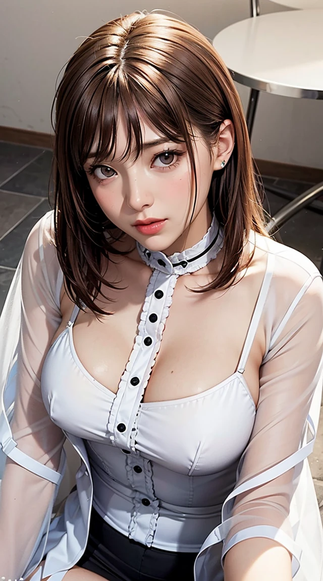 Close-up of a woman in a white blouse sitting on a chair, young woman, White clothes are very transparent, Chest visible