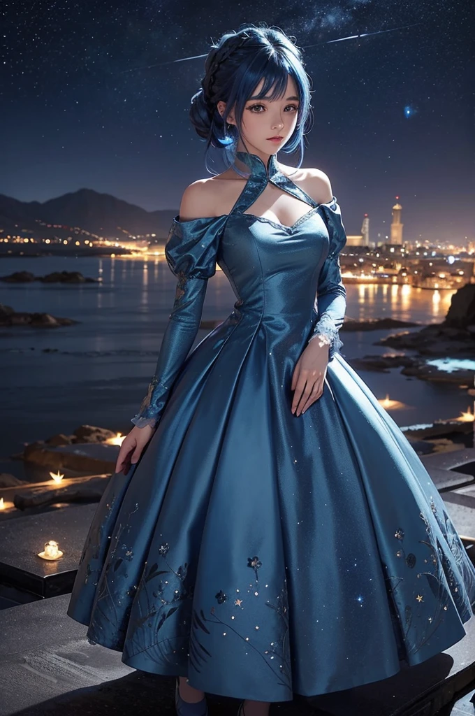 Blue haired girl character、Night scene with starry sky background、Wearing a gorgeous dress、Subtle details、A fantastic atmosphere、Anime style