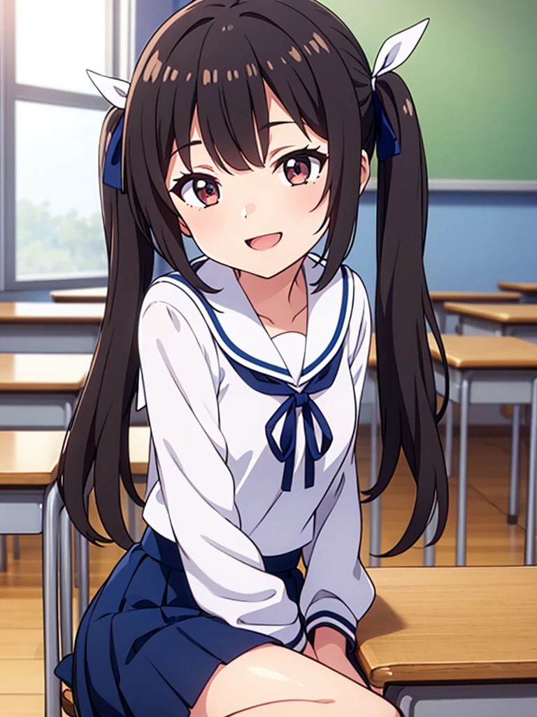 1girl, sitting, own palms together, smile, (close mouth),****, movement,
classroom, indoors, school chair, school desk, (low twintails girl), low pigtails, hair ribbon  white, very long black hair,
white serafuku with blue ribbon, navy-blue collar, navy-blue skirt,
(dark brown eye), afternoon, summer,
school,
(from front:1.4), upper body,
anime, high brightness, detailed face, detailed eyes,
(high quality, ultra detailed, masterpiece, FHD)