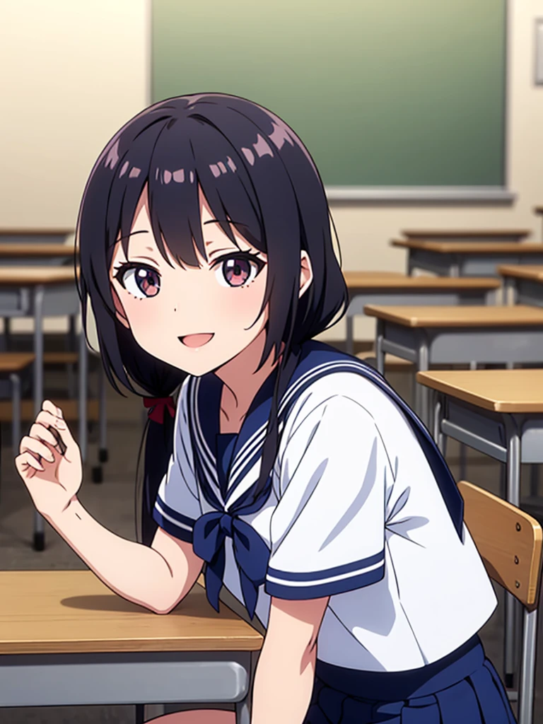 1girl, sitting, own palms together, smile, (close mouth),****, movement,
classroom, indoors, school chair, school desk, (low twintails girl), low pigtails, hair ribbon  white, very long black hair,
white serafuku with blue ribbon, navy-blue collar, navy-blue skirt,
(dark brown eye), afternoon, summer,
school,
(from front:1.4), upper body,
anime, high brightness, detailed face, detailed eyes,
(high quality, ultra detailed, masterpiece, FHD)