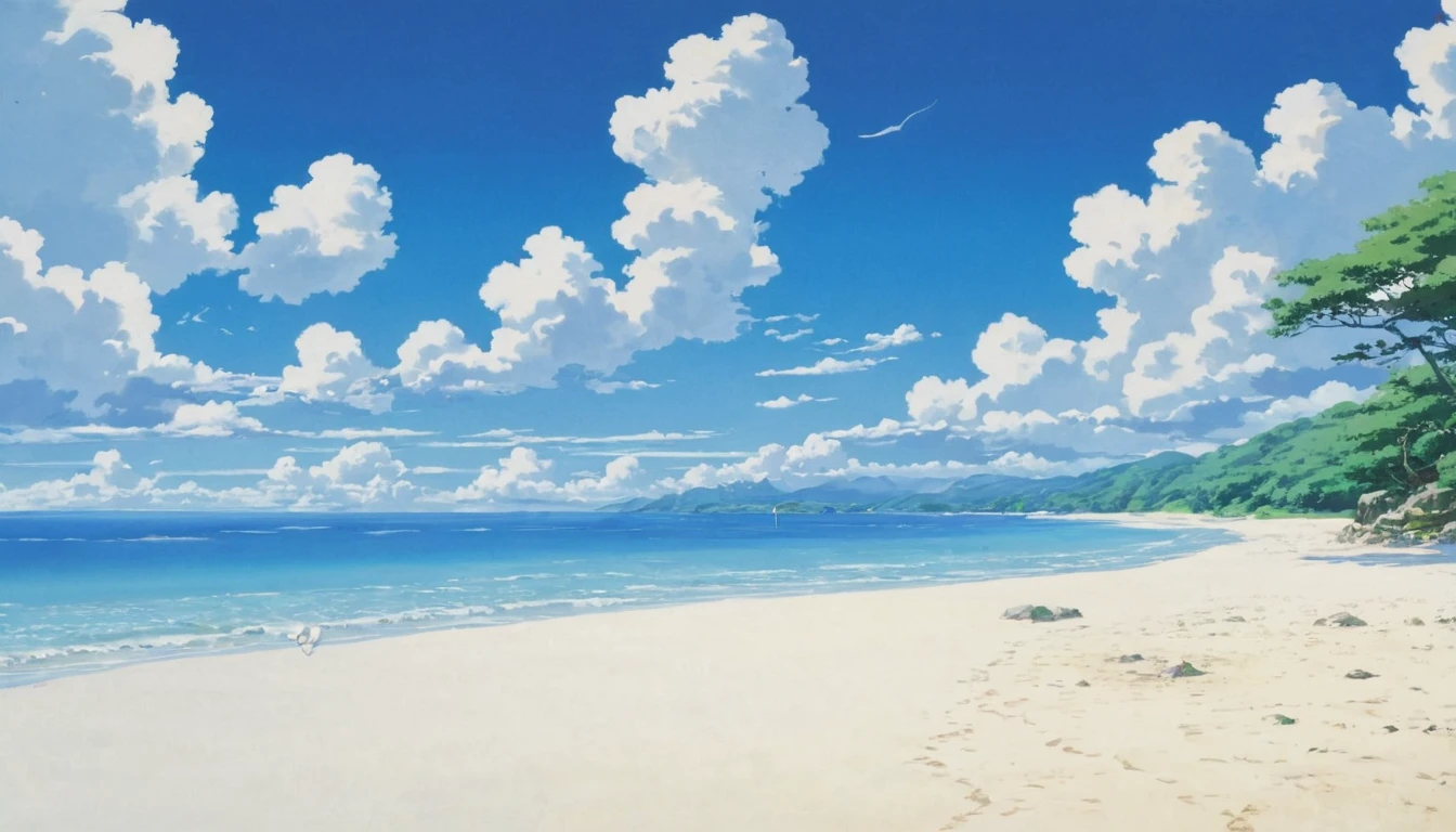 Calm sea, Studio Ghibli Art, Miyazaki, Blue sky and white clouds,White sand beach,unmanned