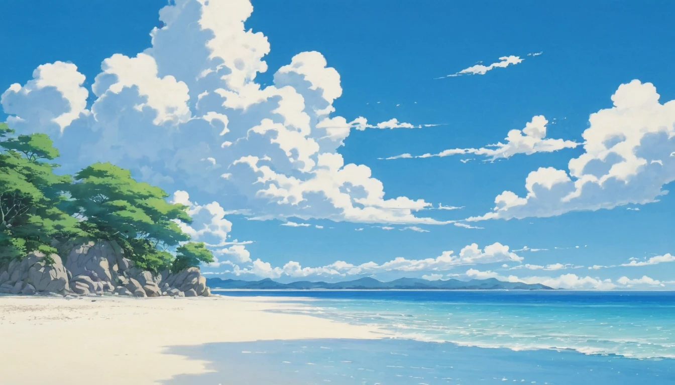 Calm sea, Studio Ghibli Art, Miyazaki, Blue sky and white clouds,White sand beach,unmanned